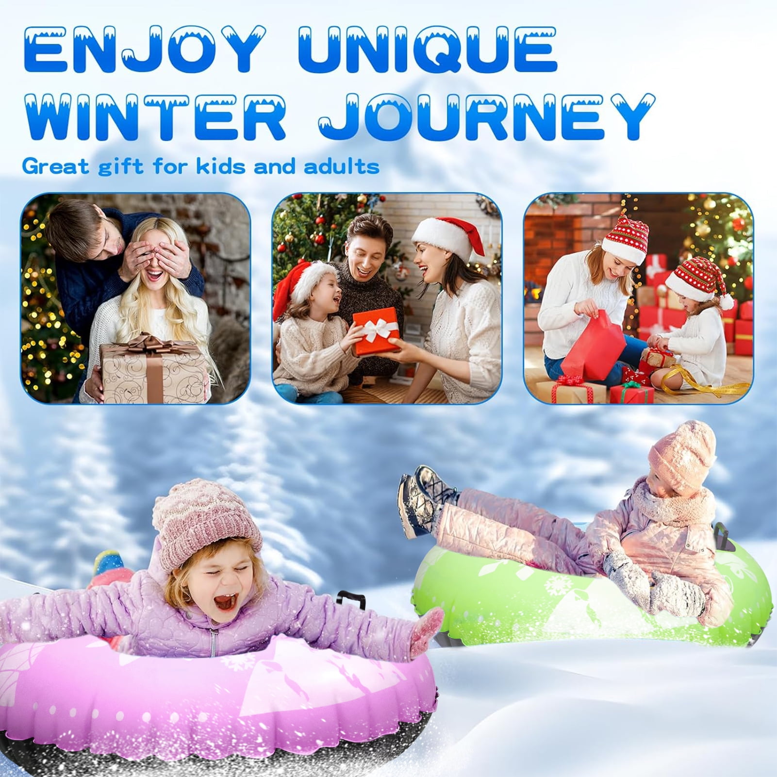 GMZW Snow Tube, 2 Packs for The Whole Family Inflatable Snow Sled for Kids and Adult, Thickened Heavy Duty Hard Bottom Sleds for Snow with Handles, Winter Toys for Outdoor Sledding Snow Tube Sports