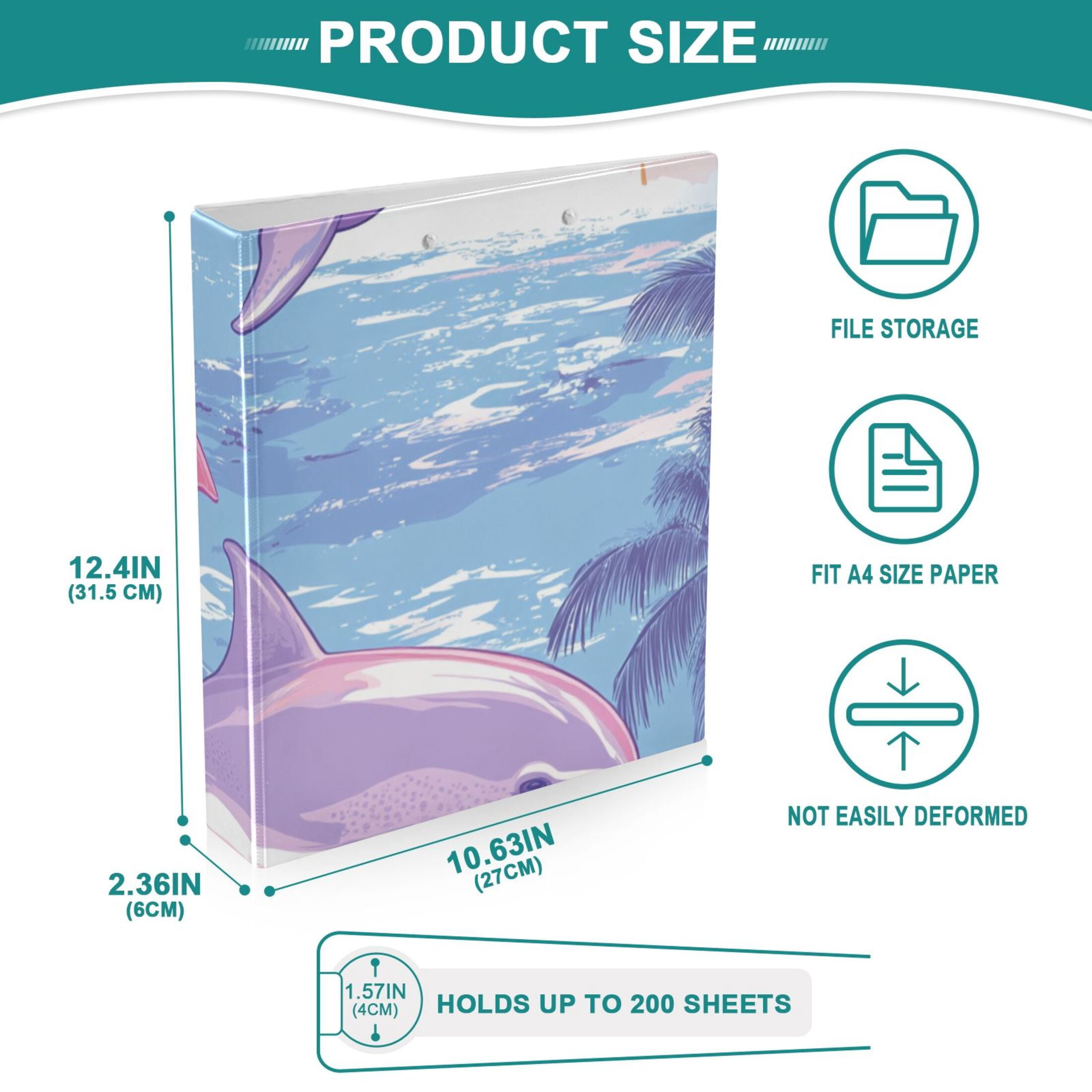 Pink Dolphins Sun Trees 3 Ring Binders 1.5 inch Hardcover File Folders with Interior Pockets A4 Size Organizer for School Office Hospital