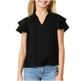 thumbnail image 4 of Taqqpue Girls Ruffle Short Sleeve T Shirts Kids V Neck Casual Shirts Pleated Flowy Solid Color Loose Fit Blouse Cute Fashion Tees Tops 5-14 Years, 4 of 9