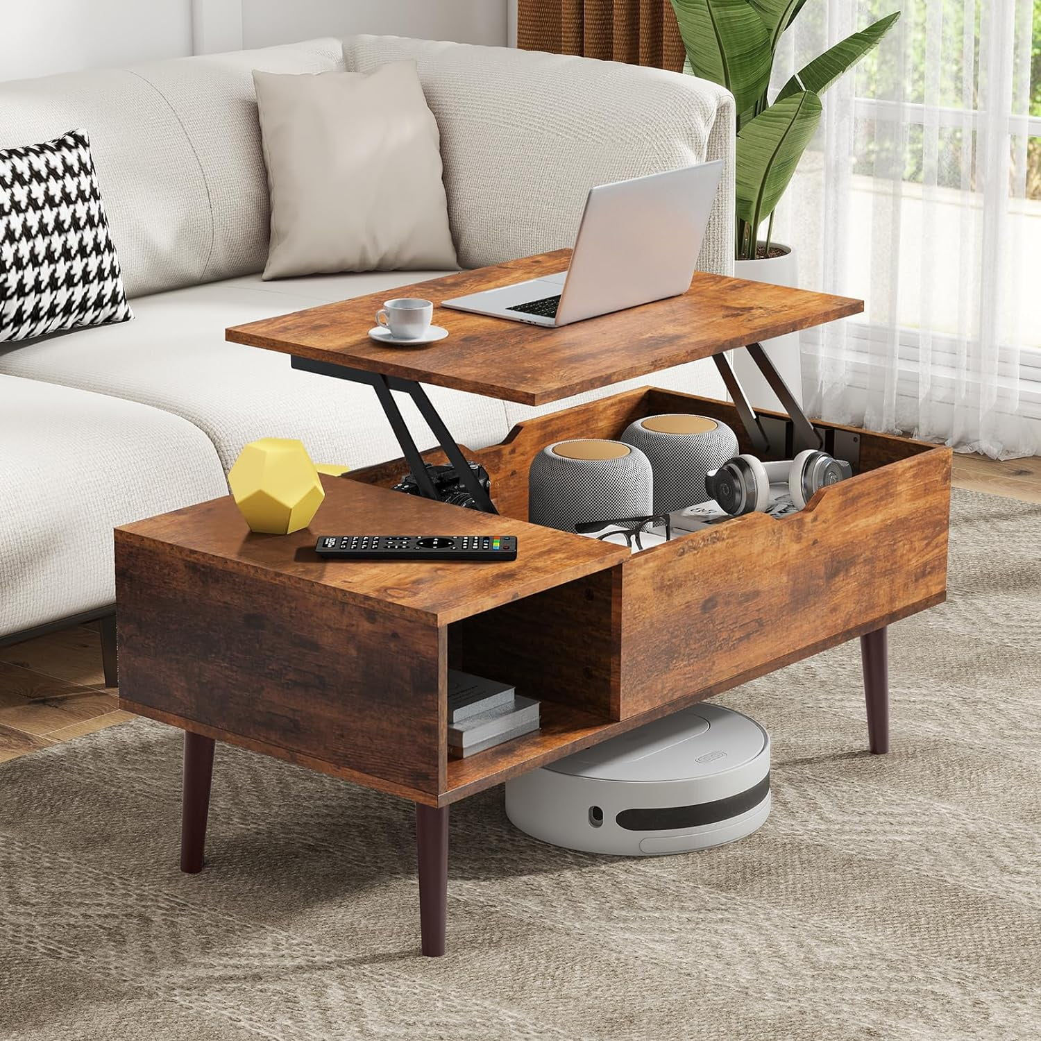 Simenmax Coffee Table, Lift Top Coffee Tables for Living Room with Storage Shelf and Hidden Compartment,Brown