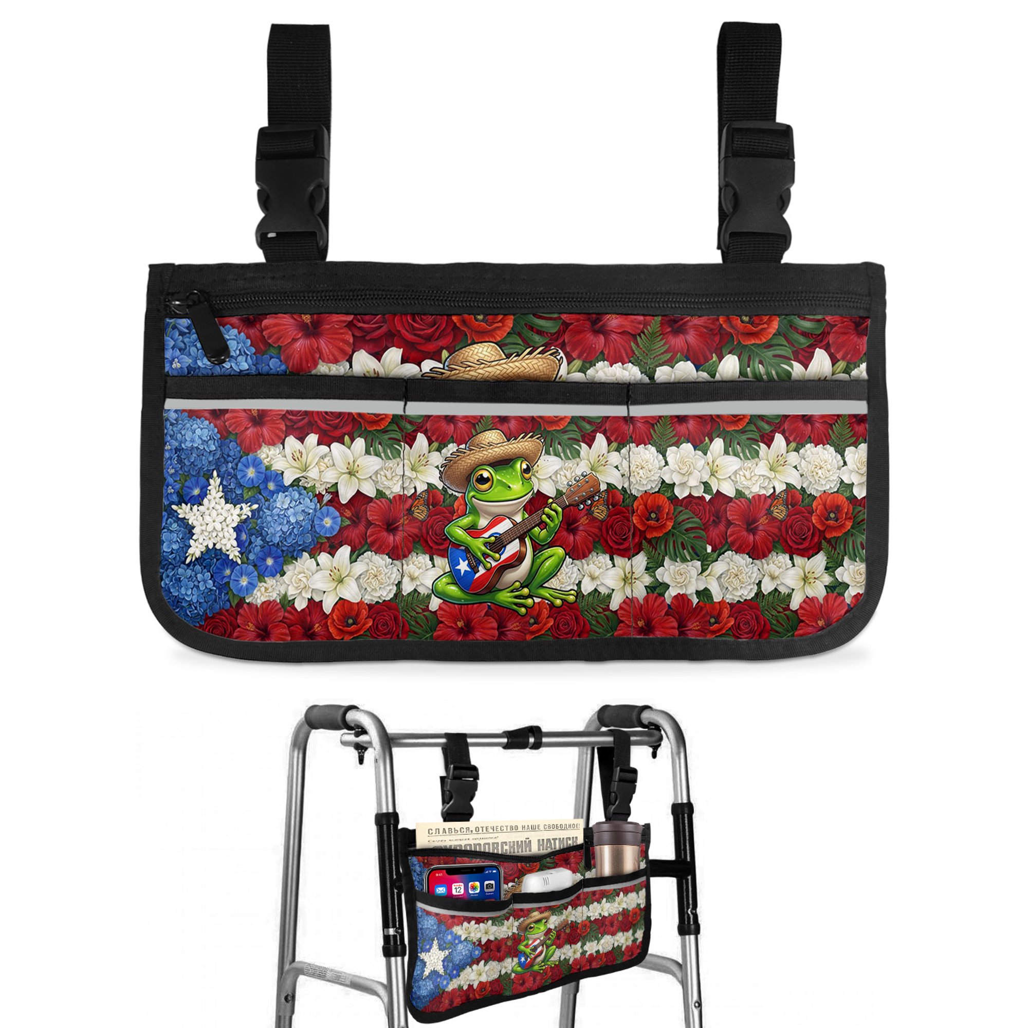 Puerto Rican Wheelchair Side Bag with Cup Holder, Flag Themed Watercolor Flowers Cartoon Frog Guitar Wheelchair Armrest Bag Storage Pouch Adults, Seniors for Walkers, Rollator, Scooter