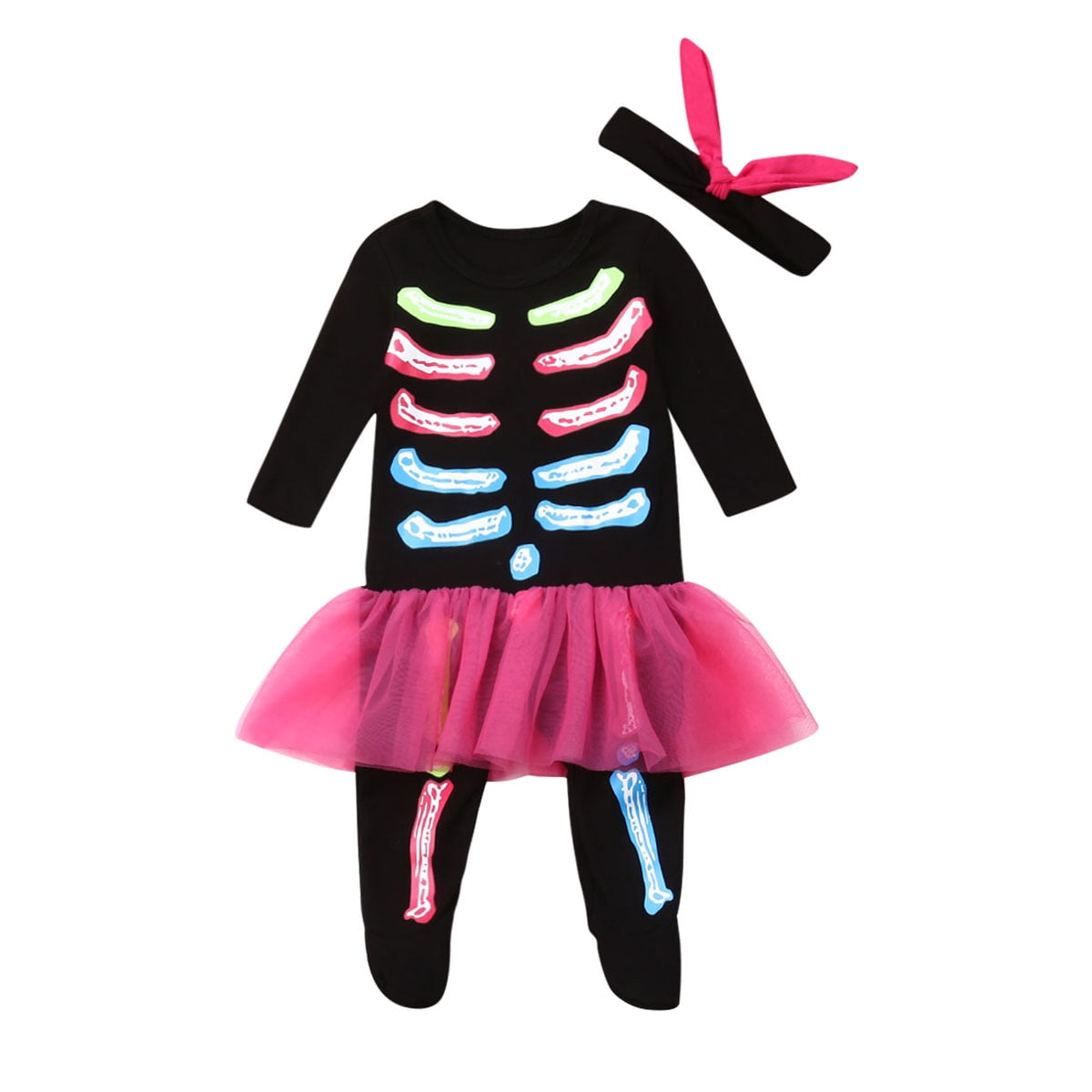 Halloween Black Bodysuit Light Pink Skull Jumpsuit Black Baby Girl Dress NB-12M 