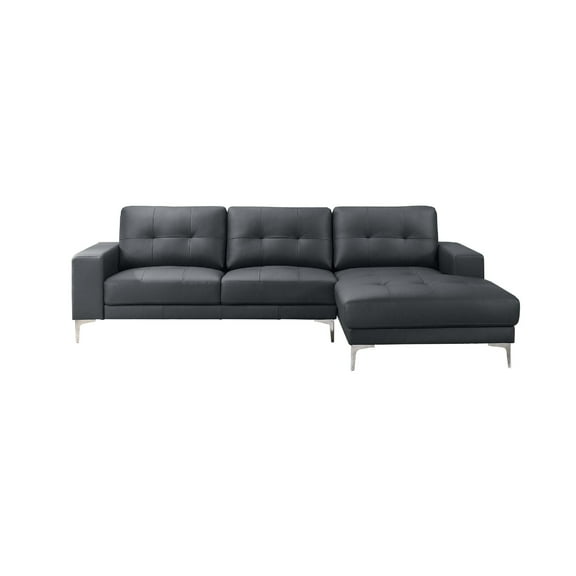 Moa 2pc Sectional Sofa w RAF Chaise, Chrome Legs, Black Full Leather
