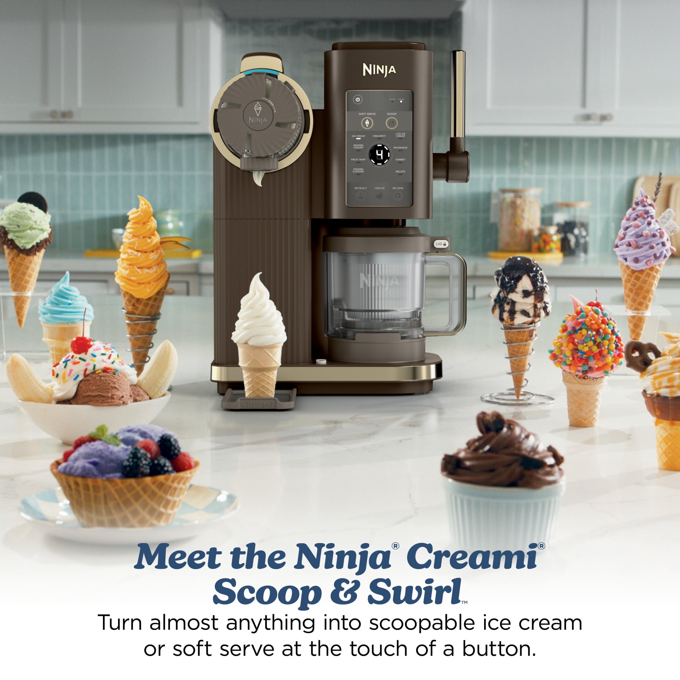 Ninja CREAMi Scoop & Swirl Ice Cream Maker, Soft Serve, CreamiFIT, Gelato, Frozen Custard, 13 Programs, (2) 16 Oz Pint Containers & Lids, NC701BR Mocha