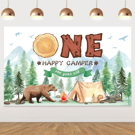 Image of Forest Camping Birthday Backdrops Camping Birthday Baby Shower Backdrop Happy Camper Party Adventure 1st Birthday Decorations Adventure Boy Campfire Tent Cute Animal Banner Photography Backgrounds