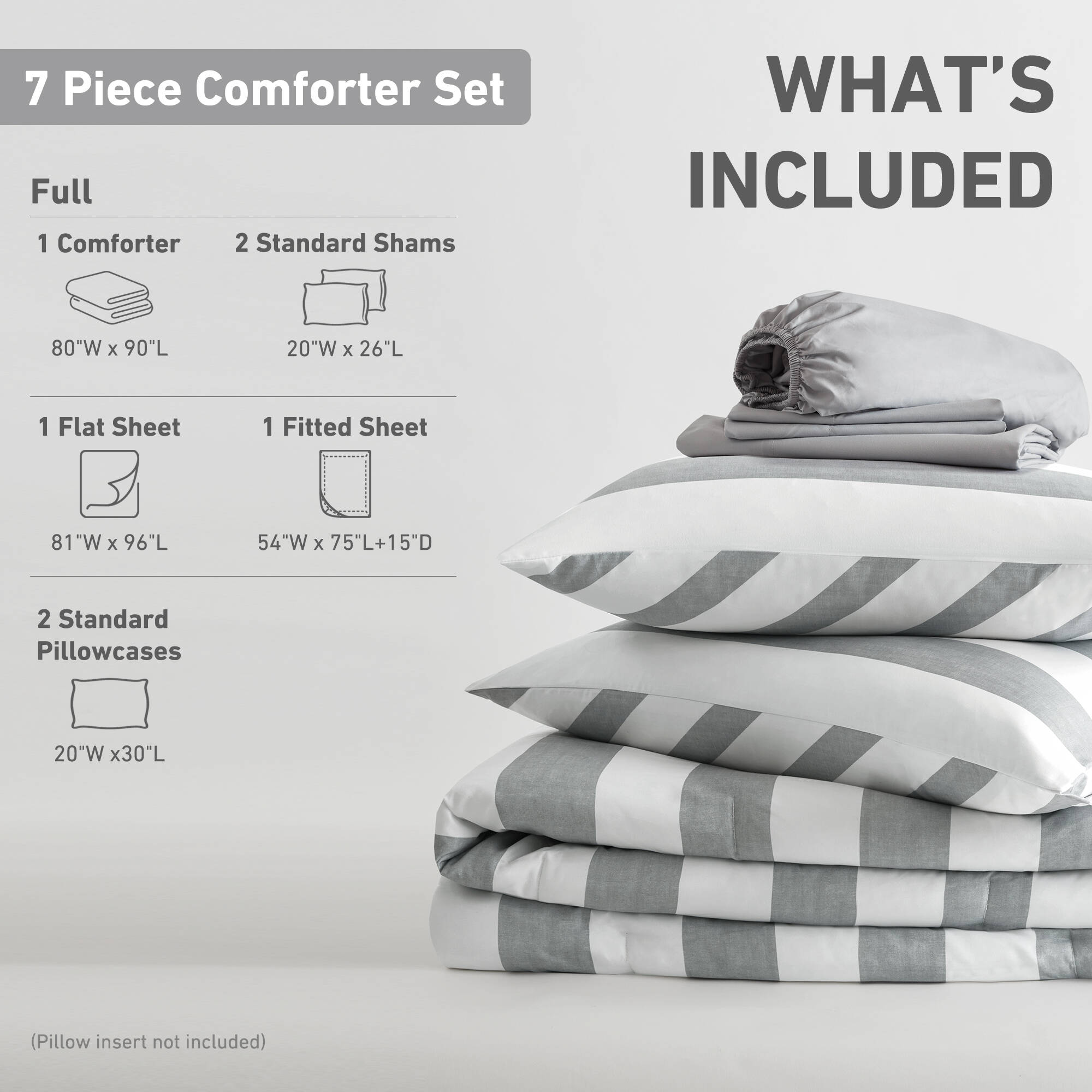 Regency Heights Essential Full Size Comforter Sets, 7-Piece Bed in a Bag Full, Reversible Striped Comforter Bed Set with Sheets, Grey