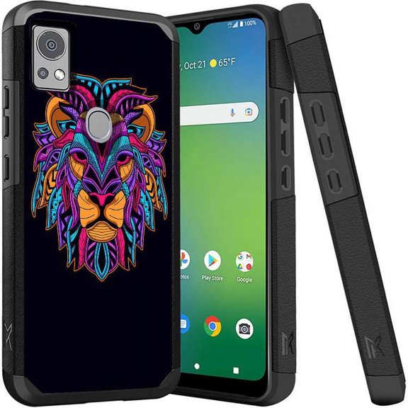 ANJ  Shockproof Dual Layer Slim Hard Case   Tempered Glass Cover Compatible with Icon 5, AT&T Motivate 4 - Tribal Lion