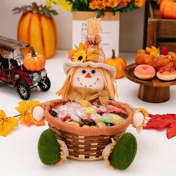Thanksgiving Scarecrow Basket, Candy Basket, Holiday Gift Basket For Sweets Packaging, Decorative Cloth Fruit Basket In Yellow Green, 25x20x10cm, Perfect For Family And Party Celebrations