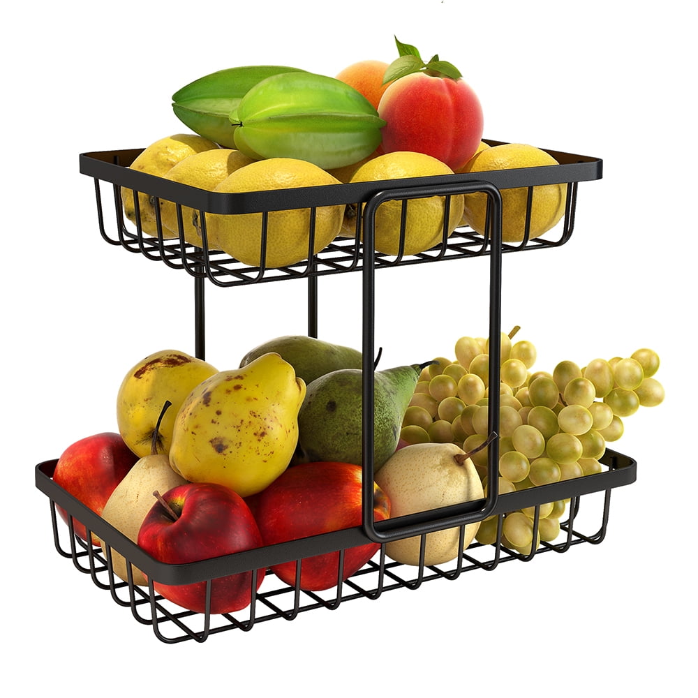 Freestanding 2 Tier Fruit Vegetable Basket Bowl Stand Chrome Tray Storage Holder 