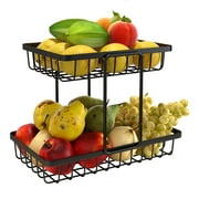 2-Tier Fruit Basket Bowl for kitchen Countertop Metal Bread Basket Fruit Stand Vegetables Storage Holder, Black