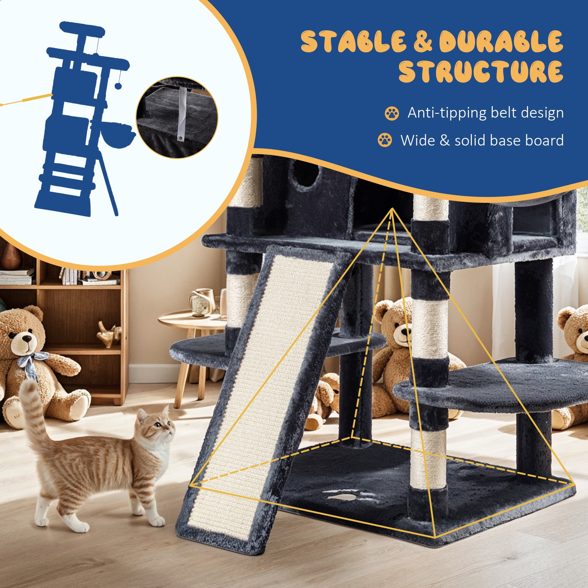 Allewie 68" Multi-Level Large Cat Tree and Tower with Cat Condo House, Scratching Posts & Board, Dark Blue