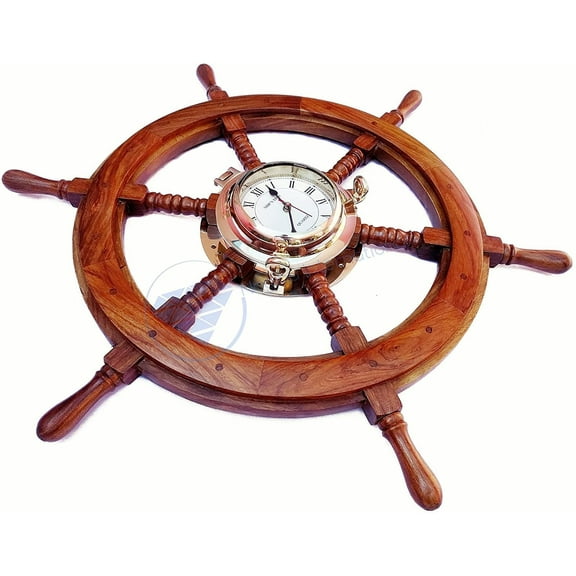 Nagina International Premium Nautical Decor Ship Wheel | Brass Porthole Clock (24 Inches)