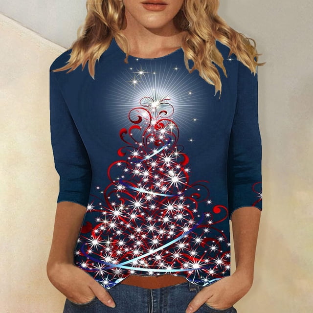 Offres Flash! Aqestyerly Hauts de Noël à Manches Longues pour Femmes Blouse Décontractée à Manches 3/4 Col Rond Imprimé de Noël