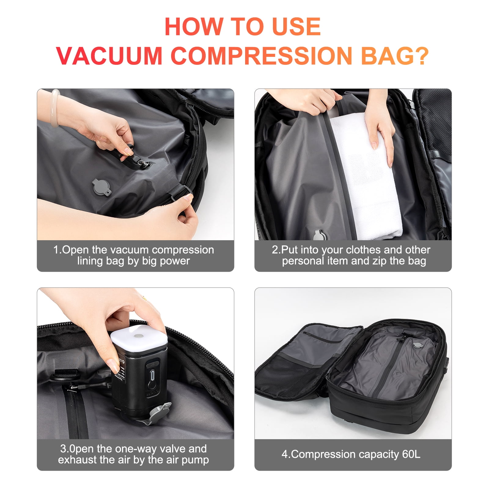 Vacuum Backpack for Travel, GreenTaYa 60L Expandable Compression Bag with Electric Vacuum Pump, Water Resistant and Anti Theft(Black)
