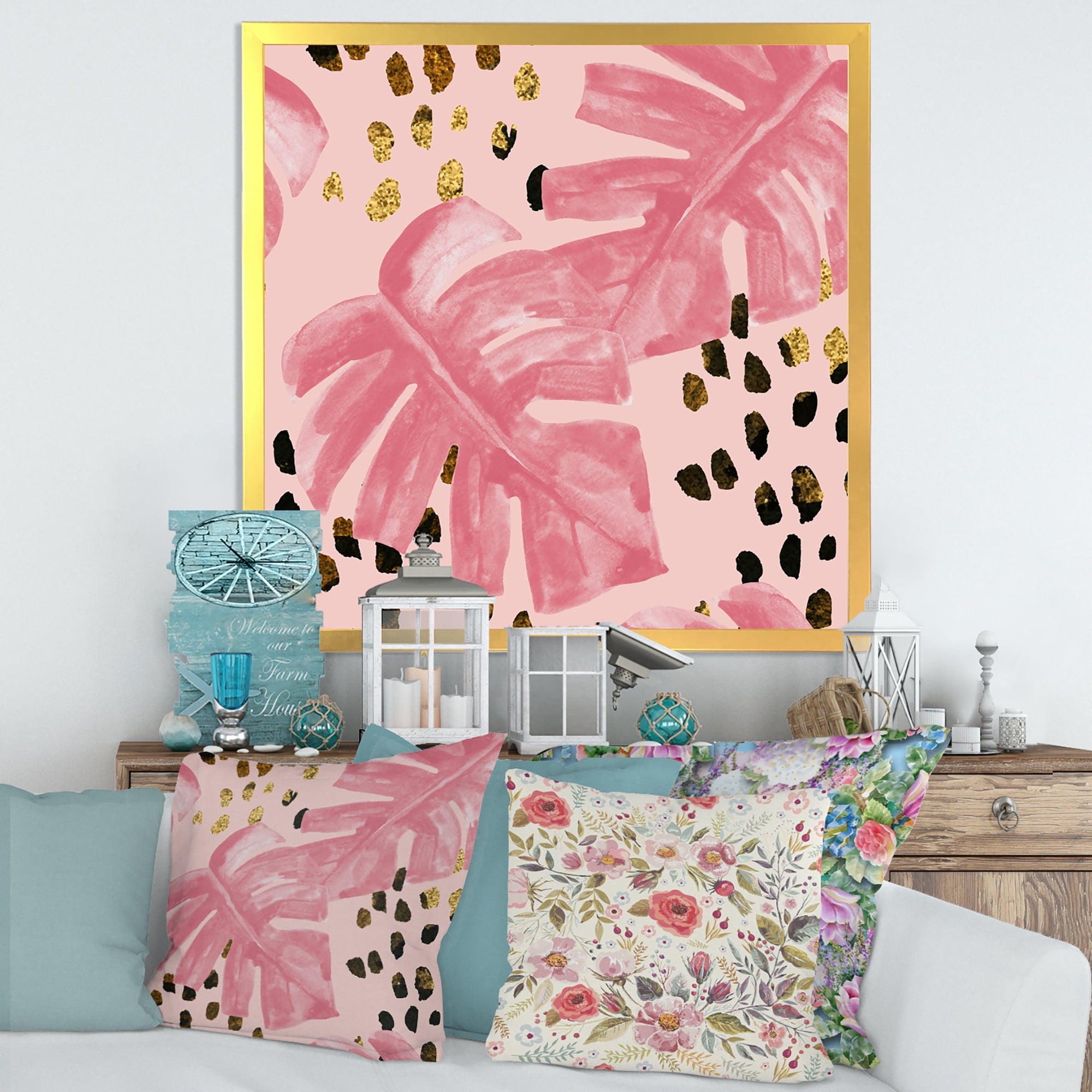 Designart 'Rough Brush Strokes Pink Colored Monstera I' Tropical Framed Art Print