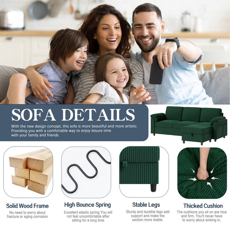 Walsunny 79" Convertible Sectional Sofa, L Shaped Sofa Couch with Reversible Chaise for Living Room Modern Linen Fabric for Living Room, Green