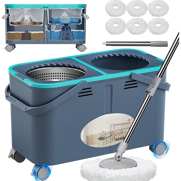 Upgraded Gen 2 Spin Mop and Bucket Set with 4 Swivel Wheels for Easy Rolling, Separates Clean & Dirty Water, Floor Mop with 6 Washable Mop Heads for Wood, Tile, Vinyl, Baseboards - Grey/Blue