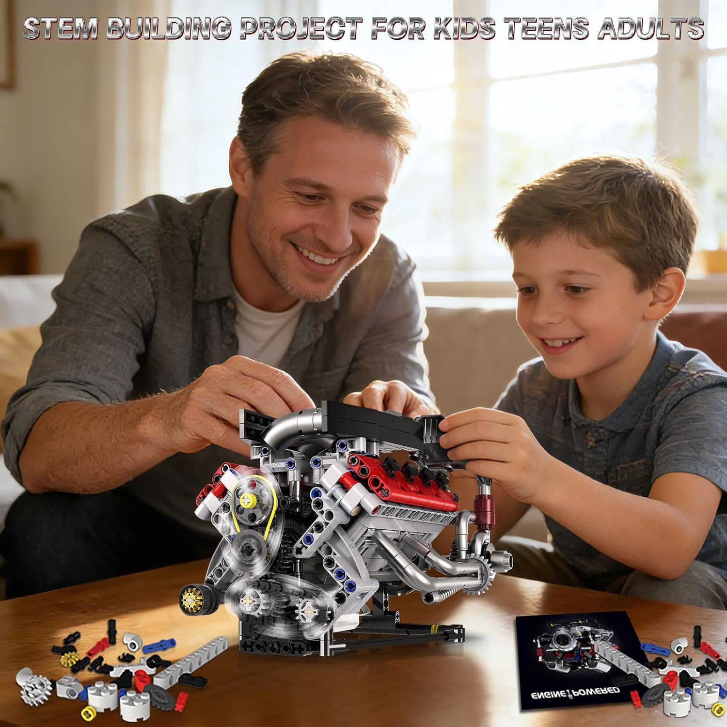 700PCS V8 Engine Kits that Works Building Sets,Car Engine Model Kit with Motor and Lights,Visible Piston Movement Mechanical STEM Toy for Car Enthusiasts Adults,Kids