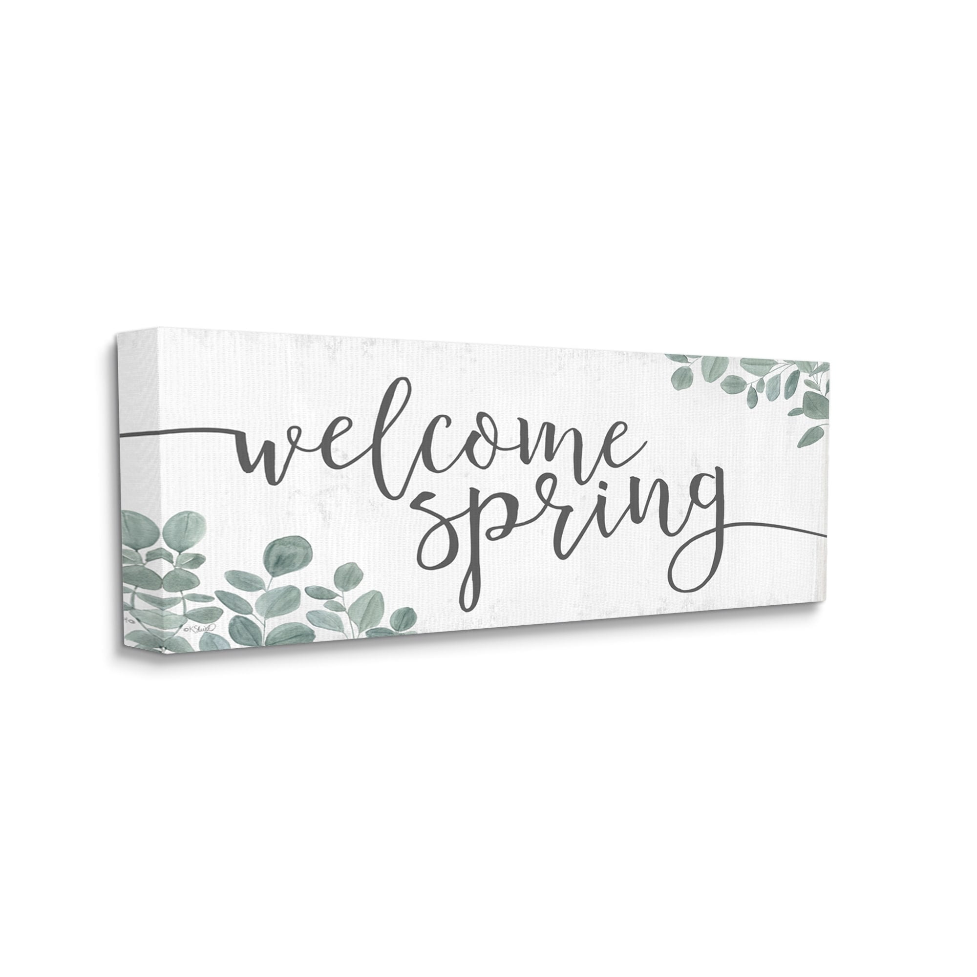 Welcome Spring Calligraphy Phrase Casual Eucalyptus Botanicals Inspirational Graphic Art Gallery-Wrapped Canvas Print Wall Art