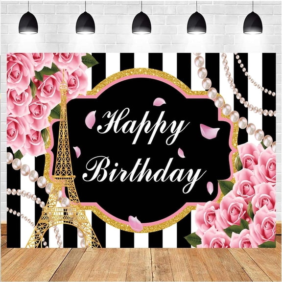 Pink Rose Girls Birthday Backdrop Black White Stripe Happy Birthday Photography Background for Girls Woman Floral Pearl  Baby Shower Party Decorations Banner Cake Table Photo Booth Props