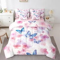 Castle Fairy Blue Butterflies 7-Piece Twin Bedding Sets,Pink Cherry Blossom Bedding Comforter Set,Japanese Style Breathable Sheet Sets,Lightweight Room Decor