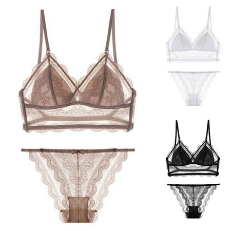 

rygai Bra Panties Sets U-type Sexy Lace Women Floral Print Bralette Thongs Set for Daily Life Cameo Brown S