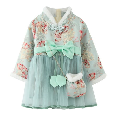 

Girls Fashion Dresses Toddler Baby Girl New Year Dress Long Sleeve Winter New Year Dress First Year Dress Green Princess Dress Warm Outwear With Bag