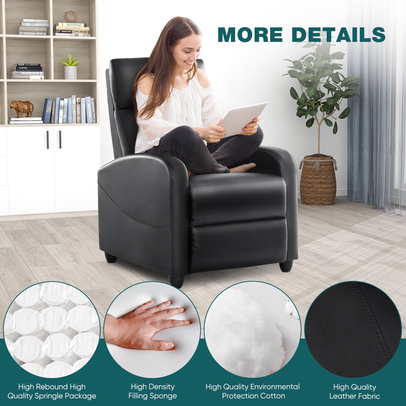 CONCETTA Vibration Massage Recliner Chair for Living Room, Home Theater, Small Sofa with 160-Degree Reclining Angle, 275lb Capacity, Black