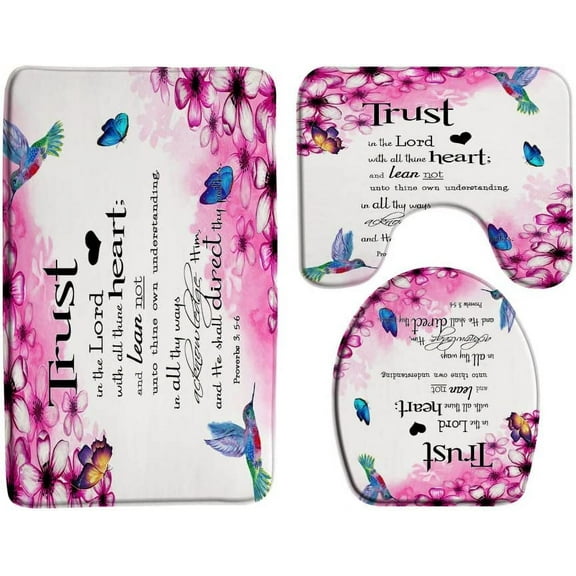 3 Piece Bath Rug Mat Sets Inspirational Quote Trust in The Lord with All Thine Heart Pink Flower Bathroom Doormat Rugs Toilet
