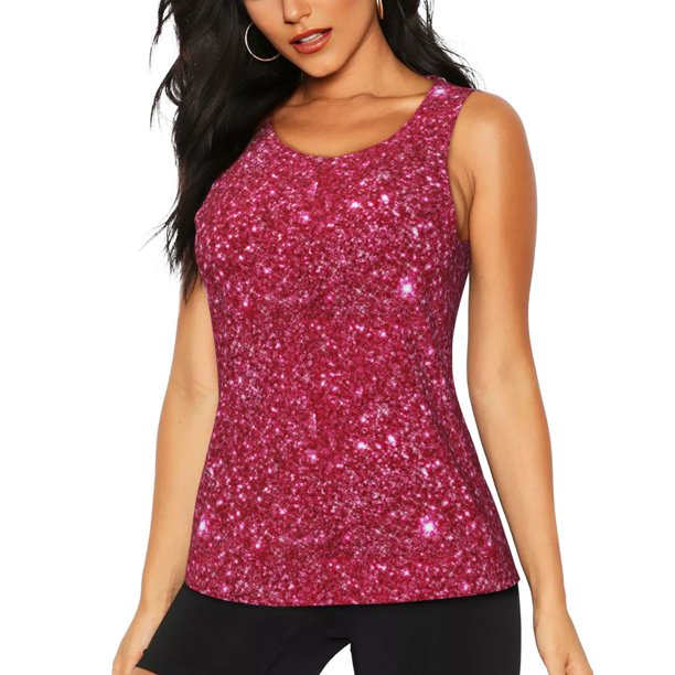 Fotbe Red Glitter Blusas Sin Mangas para Mujer – Estilo Casual, Corte Suelto, Slim-Fit, Cuello Redondo Deportivo, Tops de Verano para Gimnasio y Yoga-X-Large