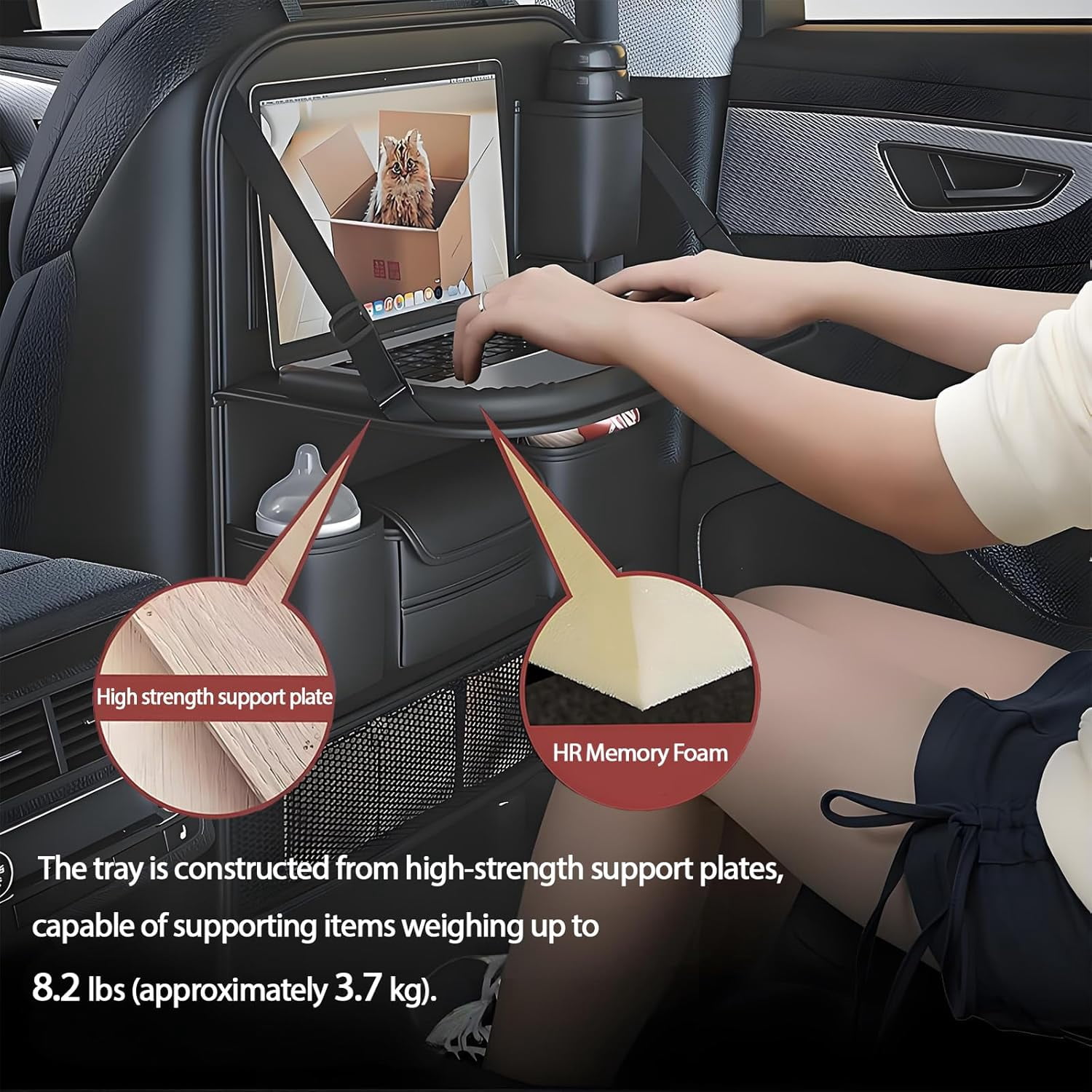 2 Pack Universal Foldable Car Backseat Organizer with Table Tray, Car Seat Back Protector with Touch Screen Phone Holder, Premium Leather Kick Mats with Storage Pockets Tissue Holder (Brown)