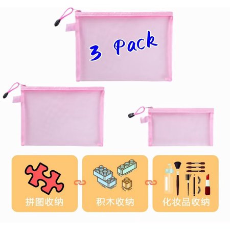 3 Pack Clear Cosmetic Bags Zip Makeup Mesh Bags Pencil Case Pouch Travel Toiletry Kit Set Storage Case (Pink)