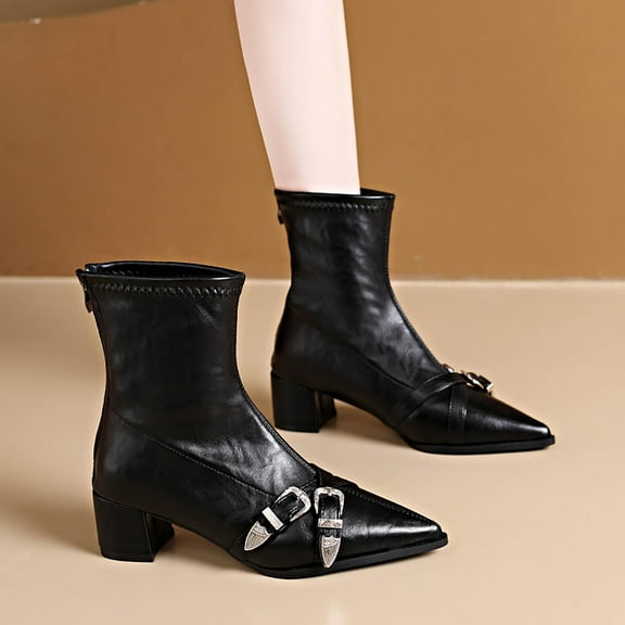 Heisall Women's Boots Pointed Toe Buckle Short Shaft Chunky Heel Mid Heel Ankle Boots Fashion Casual
