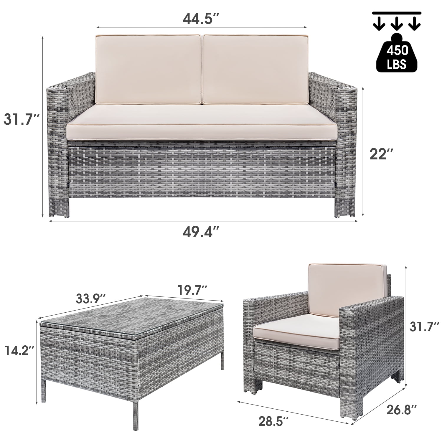 Devoko 4 Pieces Patio Conversation Set PE Rattan Wicker Furniture Sofa Set Outdoor Indoor Furniture Set, Gray