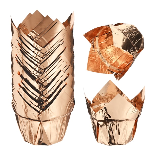 50 Pcs Tazas de Hornear Tulipán Forros de Cupcake Muffins Papel a Prueba de Grasa para Bodas, Oro Champán