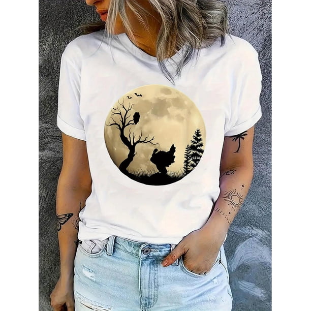 Women'S Casual Crew Neck T-Shirt with Moon Forest Print, Fashionable Short Sleeve Top, Medium Stretch Polyester (95%) with Spandex (5%), All-Season Comfort Fit, Geometric-Pattern Design for Summer