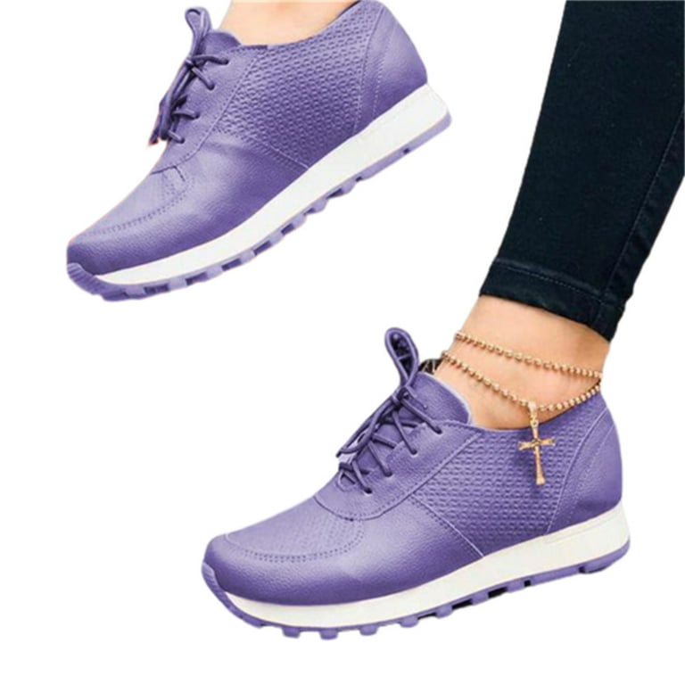 Casual PU Sneaker Fashion Lightweight Flat Sports Shoes Non Slip Sole Running Shoes for Women 40 Purple