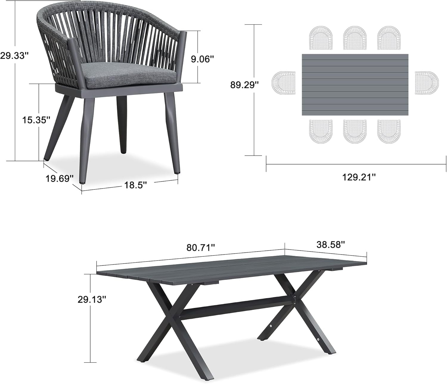 PURPLE LEAF 9 Pieces Patio Dining Set, Rectangular Aluminum Outdoor Table and 8 Wicker Chairs with Cushions for Garden Kitchen and Porch, Grey