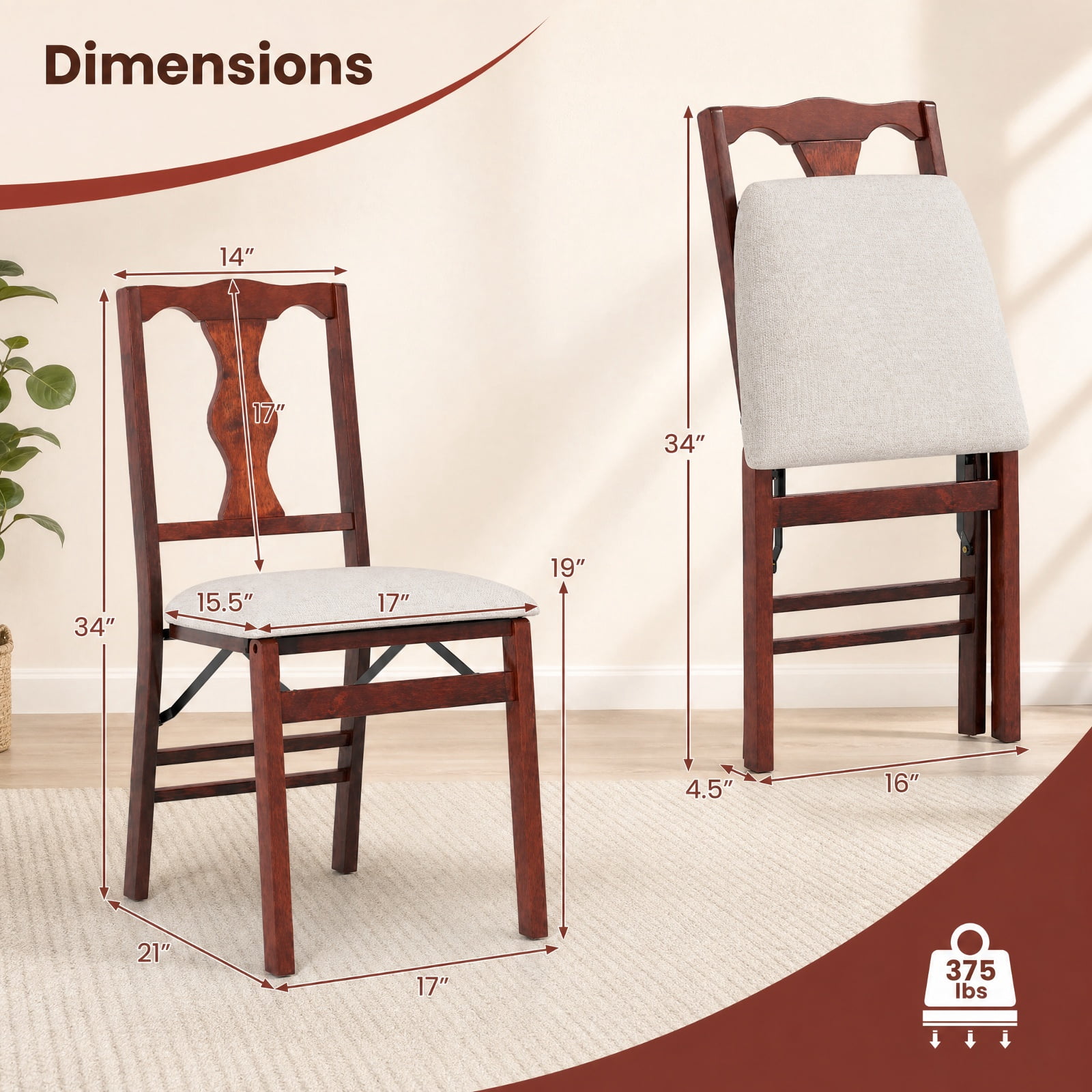 Furnibear Folding Chairs Set of 2 Upholstered Dining Chairs with Comfy Padded Seats for Kitchen Dining Room Living Room Home, Brown