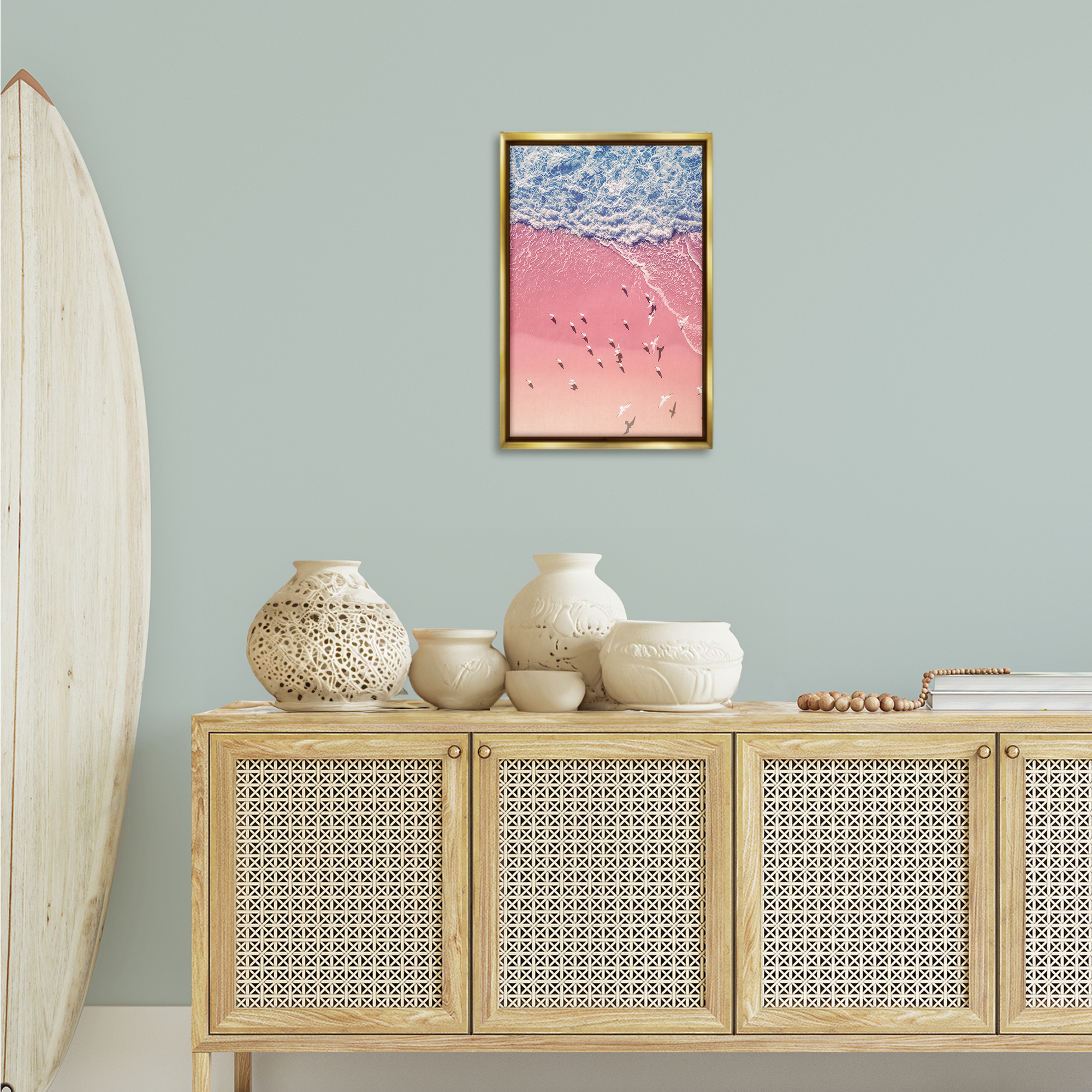 Stupell Industries Aerial Seagulls Pink Beach Landscape & Nature Photography Gold Floater Framed Canvas Art Print Wall Art, 17 x 25