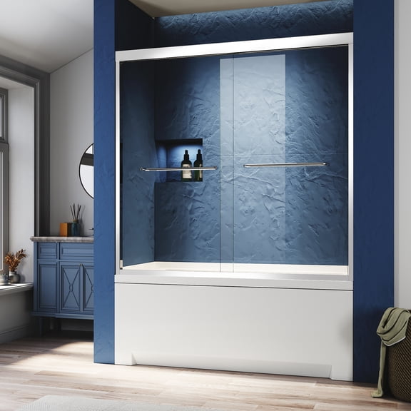 Seetaras Semi-frameless Sliding Glass Tub Door 56-60 in. W x 57 in. H,Sliding Double Bathtub Door,Thick Clear Clear Tempered Glass,Stainless Steel Handles for Bathroom