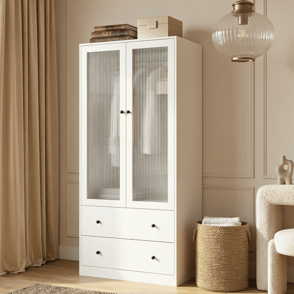 RichYa Armoire Wardrobe Closet with 2 Drawers,Clothes Storage Cabinet with Hanging Rod,Closet Organizer for Bedroom,White(A)