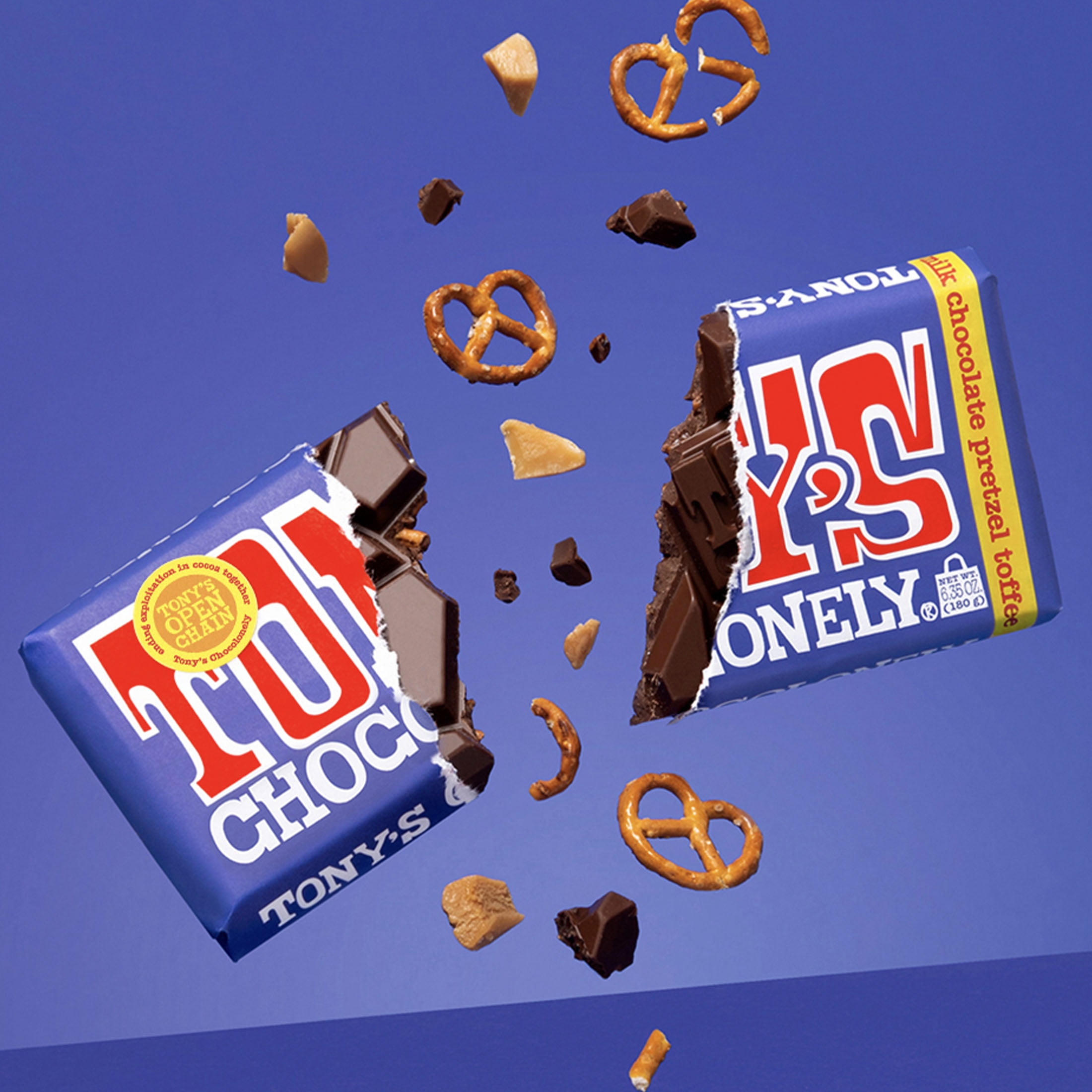 Tony's Chocolonely Dark Milk Chocolate Bar with Pretzel and Toffee, 6.35 oz