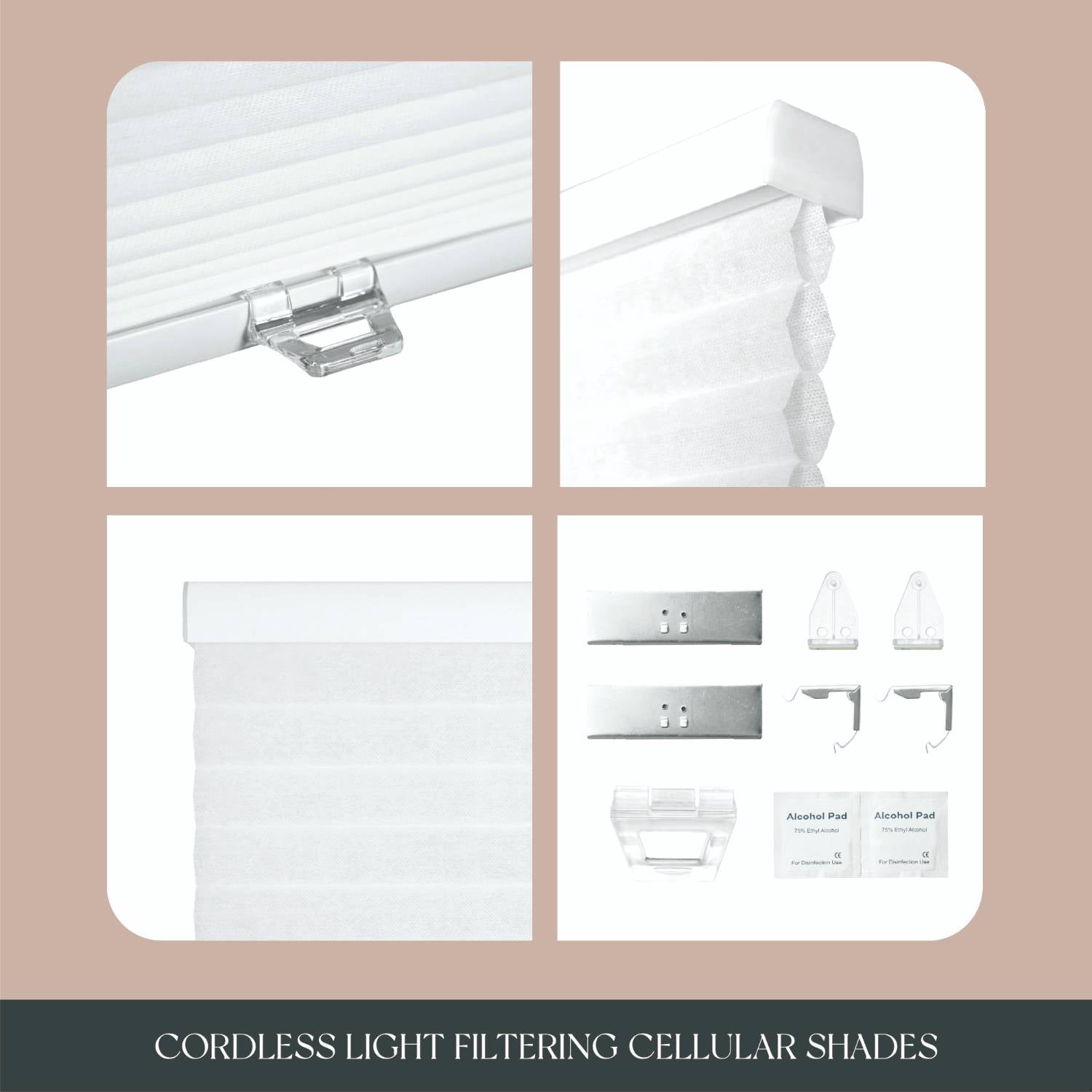 REGAL estate No Drill Cordless Cellular Blinds, Easy Install, 1.5" Light Filtering, 19" W x 72" H, White
