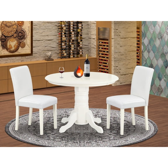 Sophisticated SHAB3-LWH-64 Kitchen Dining Set | Round Table in Linen White | Parson Chairs with PU Leather-White | Comfortable & Durable | Perfect for Meals with Loved Ones