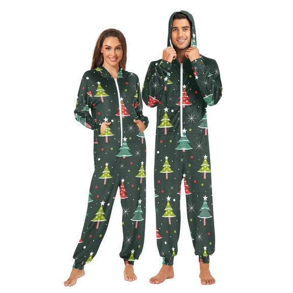 Adult Christmas Onesie Christmas Tree Glitter Adult Zipper One-Piece Pajamas Unisex Pajamas with Pockets