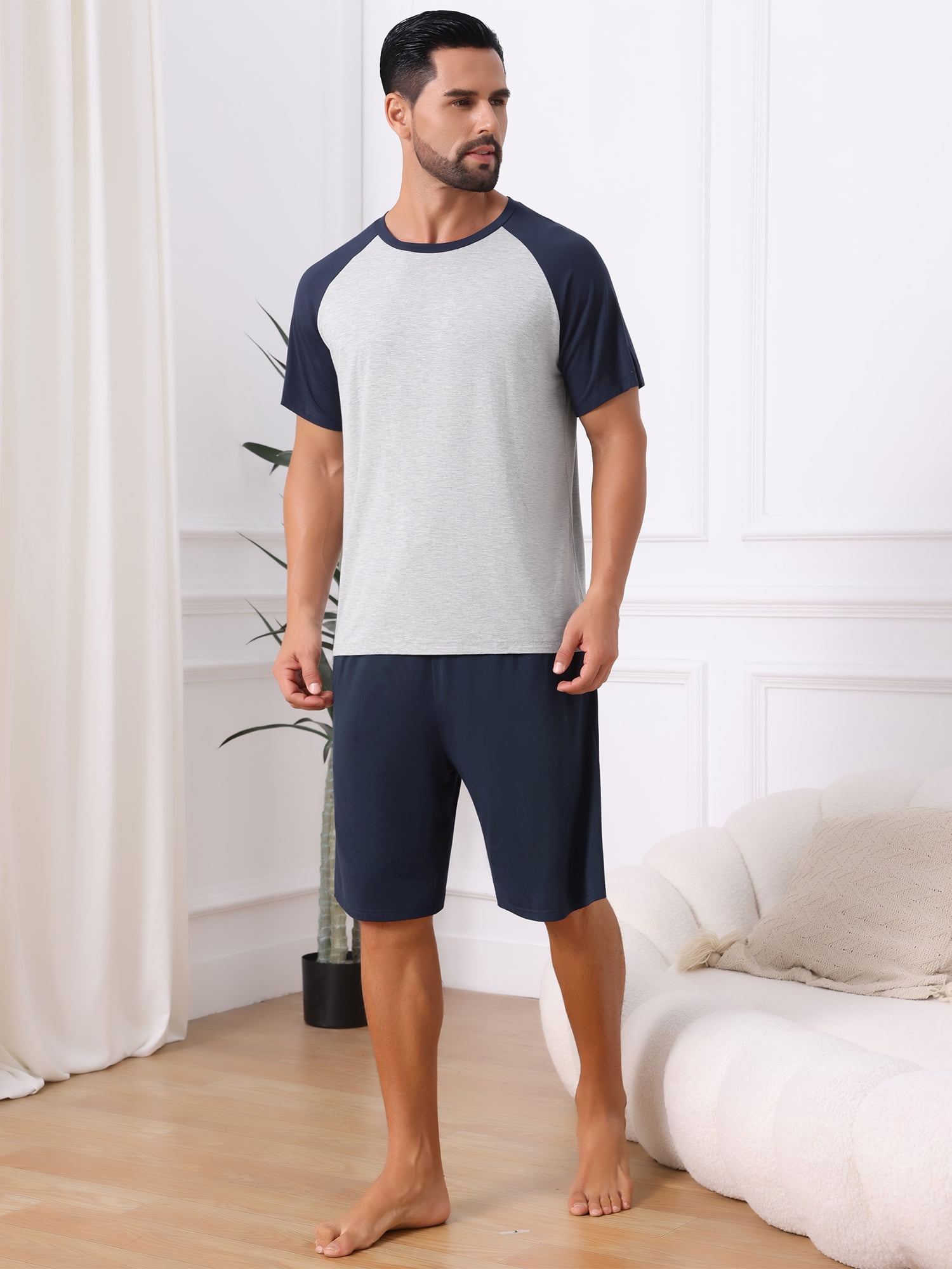 DARING DIVA Men's Sleepwear Pajama Raglan Crew Neck Drawstring Pajama Set L Navy Gray
