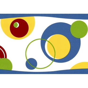Dundee Deco Prepasted Wallpaper Border - Geometric Green, Blue, Red Circles, 15 ft x 6 in