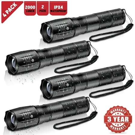 LED Tactical Flashlight 2000 Lumens Torch All Metal Mini Powerful Handheld Military Grade Zoomable Waterproof for Outdoor Camping Emergencies (4 Pack)