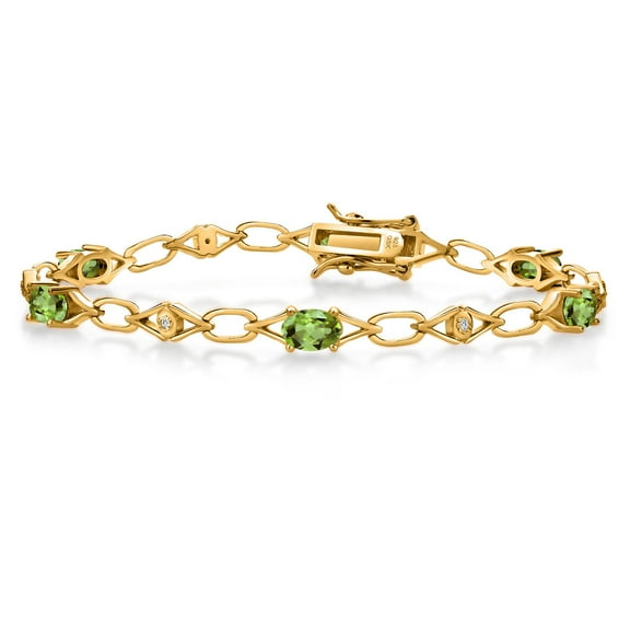 Gem Stone King 18K Yellow Gold Plated Silver Green Peridot and Round White Lab Grown Diamond Tennis Bracelet for Women (3.04 Cttw, Gemstone Birthstone, Oval 6X4MM, 7.25 inches)